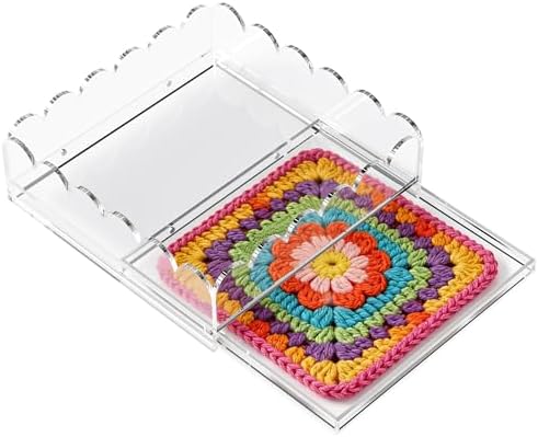 Acrylic Tray with Insert, 8 x 8 Inch Scalloped Clear Acrylic Decorative Tray for Needlepoint, Organizer Tray with 2 Magnets Slide Out Drawer Insert Photos Fabrics Pictures for Home Decor Gift