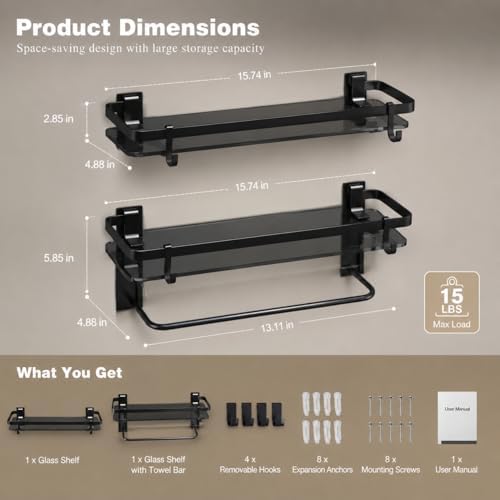 VOLPONE Glass Shelf for Bathroom 15.7 in Black Bathroom Shelves Wall Mounted Tempered Glass Shelving with 2 Removable Hooks (1 Tier)