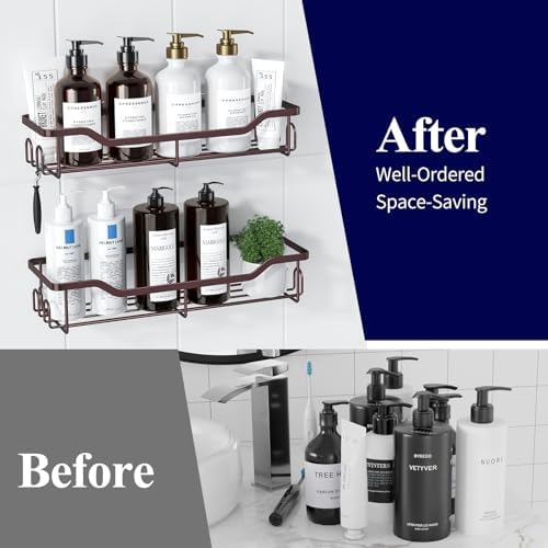 Kitsure Shower Caddy, Adhesive Shower Organizer, Large, Brown