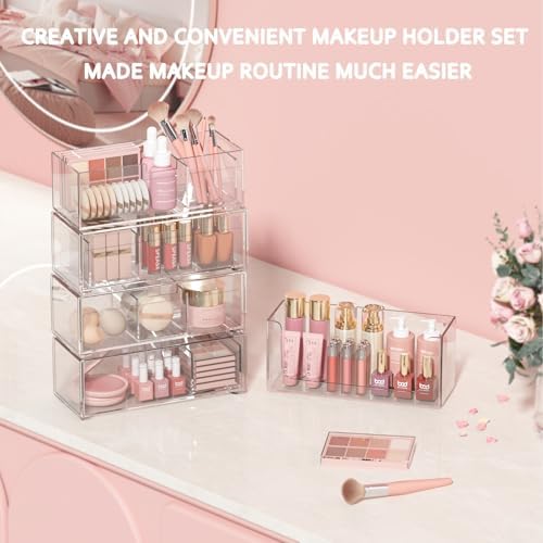 Bathroom Drawer Organizer Stackable Storage Drawers Clear Plastic Storage Bins Medicine Cabinet Organizer Makeup Organizers w Removable Divider Home Workspace Office Desktop Vanity Gift Idea 2Pack
