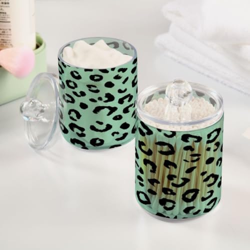 Green Black Leopard Print Qtip Holder Apothecary Jars Bathroom Storage Floss Makeup Organizer for Cotton Ball Swab Acrylic 2 Packs