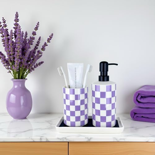 Bathroom Toothbrush Holder Set, Ceramic Soap Dispenser and Tooth Brush Holder Set, Bathroom Accessories Sets Countertop, Lavender Purple Checkered Bathroom Home Decor