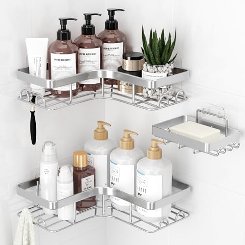 Sakugi Corner Shower Caddy, Large, 3-Pack, Soap Holder & Hooks, Silver