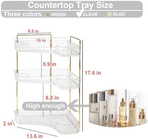 Corner Bathroom Counter Organizer Bathroom Countertop Shelf Makeup Organizer for Vanity Perfume Tray for Corner Storage (3 Tiers, Clear)