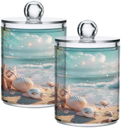 2 Pack Qtip Holder Dispenser Beach Seashell Pattern 10 Oz Bathroom Organizer with Lids Storage Canister for Cotton Ball,Cotton Swab,Cotton Round Pads,Floss