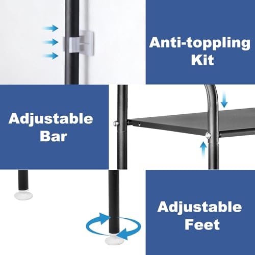 3-Tier Over The Toilet Storage Shelf, Freestanding Metal Bathroom Organizer with Hooks, Space Saving Bathroom Storage Rack with Adjustable Feet, Anti-Tip Design for Small Bathrooms, Black
