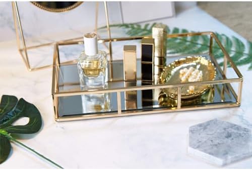 PuTwo Tray Mirror Gold Dresser Ornate Metal Decorative Jewelry Organizer