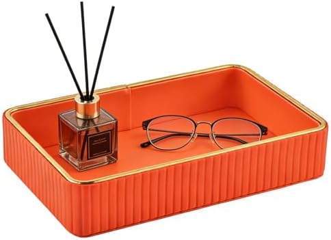 PU Leather Valet Tray,Desk Organizer Tray Nightstand Organizer Trinket Dish Storage Key Bowl Decorative Trays for Phone Wallet Jewelry Watch Bathroom Bedroom Perfume Vanity Trays,Orange