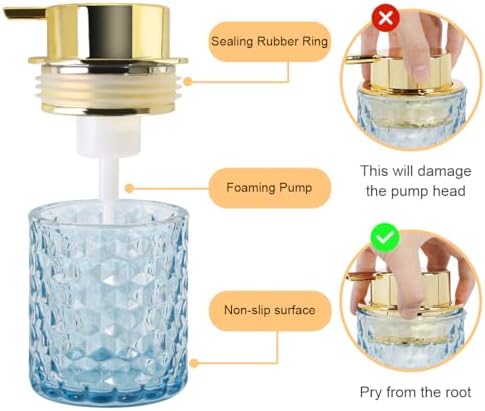 Bathroom Accessories Set 2pcs Glass Foaming Soap Dispenser and Toothbrush Holder for Bathroom Countertop, Blue Glass Bathroom Assessory Set with Gold Decor