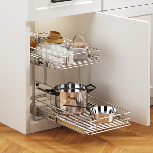 2 Tier Individual Pull Out Cabinet Organizer 13½" W x 21½" D, Heavy Duty Cabinet Pull Out Shelves, Slide Out Drawers Organization for Kitchen Cabinets Bathroom