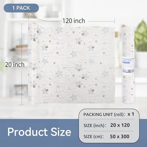 FIFTY FEET 20"x120" Non-Adhesive Shelf Liner for Kitchen Cabinets and Drawers, Washable Non-Slip PVC Cabinet Liner (White Floral)(1 Roll)