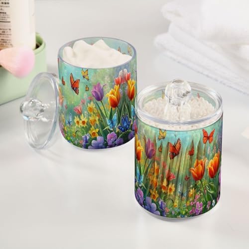 MNSRUU 2 Pack Qtip Holder Organizer Dispenser Easter Garden Tulips Daffodils Bathroom Storage Canister Cotton Ball Holder Bathroom Containers for Cotton Swabs/Pads/Floss