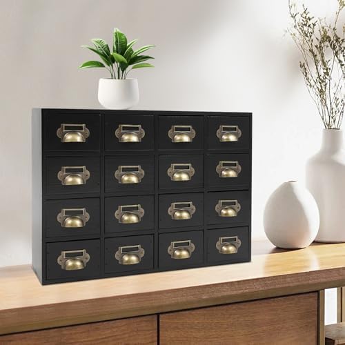 16 Drawers Apothecary Cabinet Library Card Catalog Cabinet Card Catalog Drawer with Metal Handles & Label Slot Wooden Desk Drawer Organizer for Herb Storage, Tea Collection (Black)