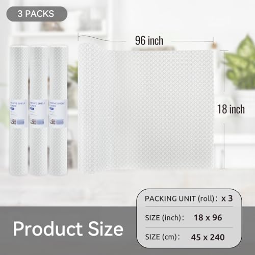 FIFTY FEET 18"x96" Non-Adhesive Shelf Liner for Kitchen Cabinets and Drawers, Washable Non-Slip PVC Cabinet Liner (White Circle)(3 Roll)