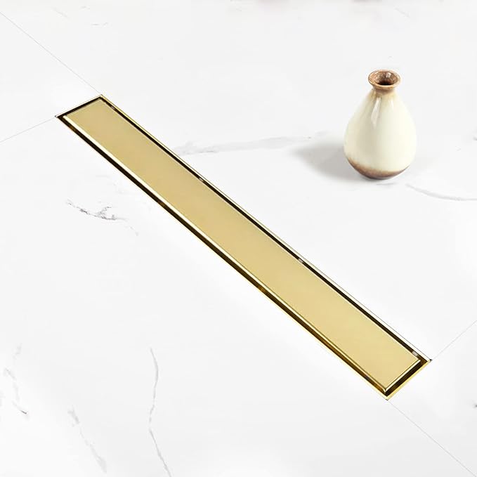 Linear Shower Drain, 32 inch Gold Drain with Tile Insert 2-in-1 Panel, Brushed 304 Stainless Steel Gold Shower Floor Drain, Linear Drain with Hair Strainer and Adjustable Fee