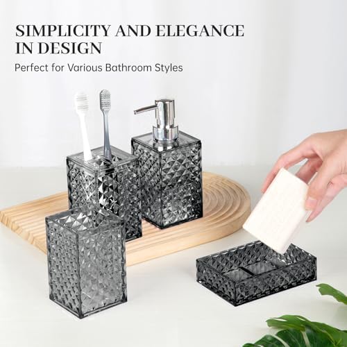 Bathroom Accessory Set, Grid Pattern 4 Pcs Plastic Bathroom Set, Grey