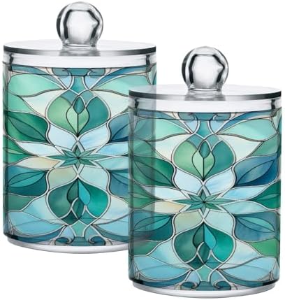 senya Clear Plastic Jars Cotton Swabs Cans, Turquoise Flower Pattern Bathroom Canisters Storage Organizer with Lids 2PCs Set for Cotton Ball, Cotton Swab, flossers, Hair Bands