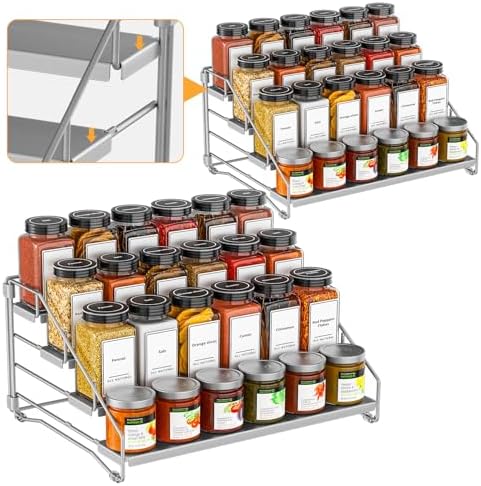 BOIVSHI 4 Tier Spice Rack for Cabinet, Depth Adjustable Spicy Shelf,Gray