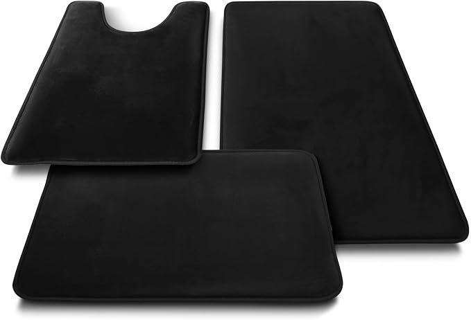 Clara Clark 3 Piece Bathroom Rugs Bath Mat Set, Velvet Memory Foam Bath Mats for Bathroom - Non-Slip, PVC Backing Bath Rugs, Washable - Dries Quickly, Black