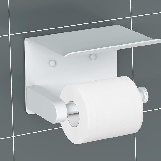 VAEHOLD Self Adhesive Toilet Paper Holder with Phone Shelf Stainless Steel Wall Mounted Toilet Paper Roll Holder - Bathroom Washroom Tissue Roll Holder with Storage Shelf - White