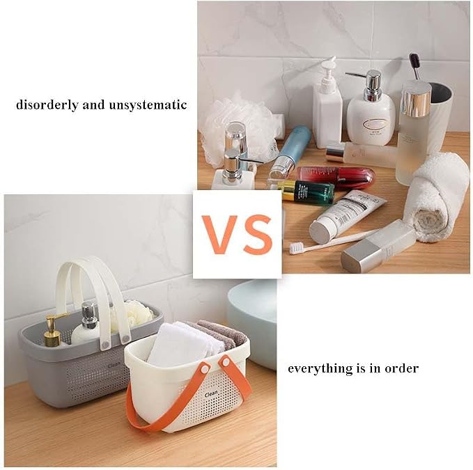 Plastic Shower Caddy Basket With/Drain Holes In Bottom, Portable Dorm Shower Basket Bathroom Storage Basket for Bathroom Body Wash, Shampoo - 12.4 * 6.14 * 7inch - White+Gray