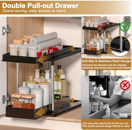 NIUXX Expandable Under Sink Organizer: 2 Tier Under Cabinet Organizer - Double Pull Out Shelf Under Sink Storage for Kitchen - Bathroom and Laundry Room - Space Saving