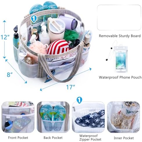 Large Mesh Shower Caddy – Portable ShowerTote with Waterproof Phone Pouch – Quick Dry Shower Bag with Separate Dry & Wet Zones for College Dorm, Gym, Beach Tote, Camping, Travel Essentials