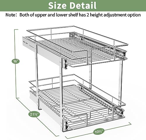 ROOMTEC Pull Out Cabinet Organizer (10½"W x 21½"D),2 Tier Pull Out Storage Shelf Drawer Basket,Sliding Shelves for Base Cabinet Organization in Kitchen, Bathroom, Pantry