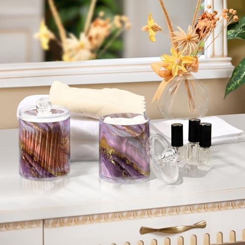 MNSRUU 2 Pack Qtip Holder Organizer Dispenser Marble Purple Gold Bathroom Storage Canister Cotton Ball Holder Bathroom Containers for Cotton Swabs/Pads/Floss