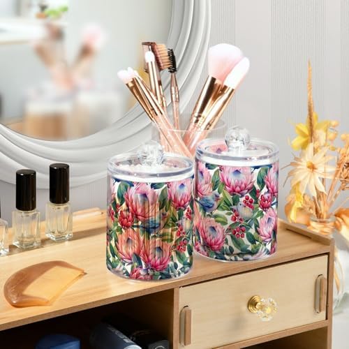 Pink and Blue Tropical Flowers Clear Plastic Jars 2 Pack Apothecary Jars Clear Bathroom Storage Containers for Cotton Ball, Swab, Floss, Makeup Sponges, Hair Clip 10 Oz