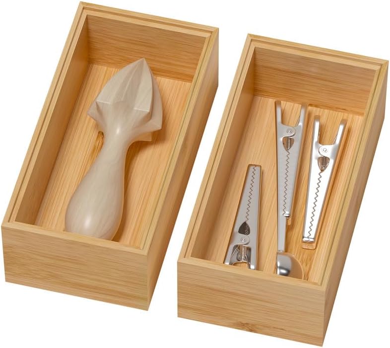 Lixple Bamboo Drawer Organizer, Small Silverware Organizer for Kitchen Drawer, Stackable Utensil Tray, 2 Pcs Flatware Organizer, Bamboo 6" x 3" x 2" (Outer), 5.3" x 2.3" x 1.77" (Inner)