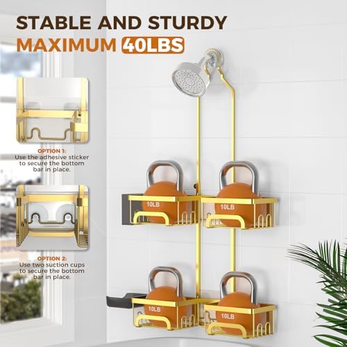 REINHARDT Split Shower Caddy Hanging for Handheld Showerheads, Gold
