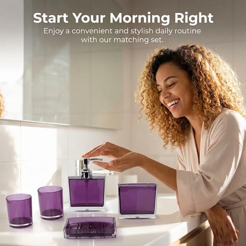 Purple Bathroom Accessories Set - 5 Pcs Acrylic Bathroom Accessory Set - Toothbrush Holder, 2 Toothbrush Cups,soap Dispenser, soap Dish for Bathroom(Purple)