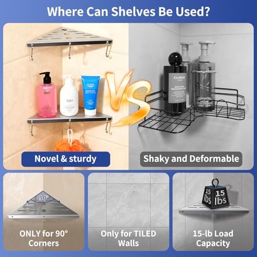 2Pack 10" 304 Stainless Steel Corner Shower Shelf 6Hooks 40Lbs Drill Silver