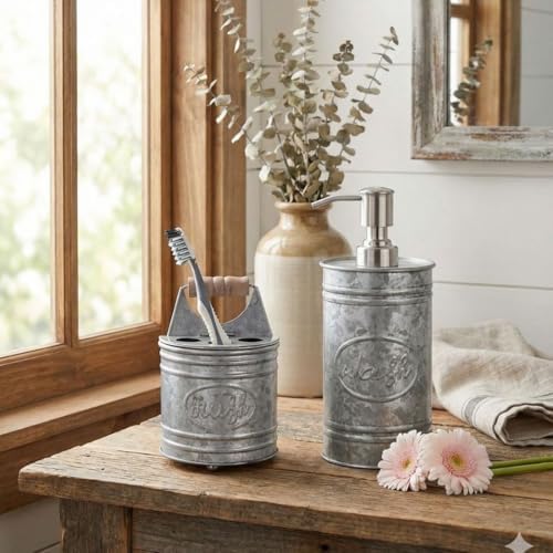 Autumn Alley Rustic Bathroom Accessories Set - Farmhouse Bathroom Soap Dispenser and Toothbrush Holder Set - Western Bathroom Accessories, Farmhouse Decor for Bathroom Countertop, Galvanized Grey