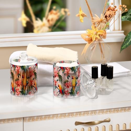 4 Pack Qtip Holder Dispenser with Lids, Parrot Tropical Flower Plastic Storage Containers,Bathroom Canisters Organizer for Cotton Ball, Cotton Swab, Cotton Round Pads, Floss 21216100