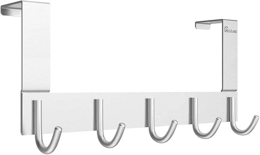 Door Hooks Hanger Rack, Aluminum Utility Organizer Towel Hooks Holder for Kithchen Bathroom, 5 Hooks Over the Door Hanger Silver