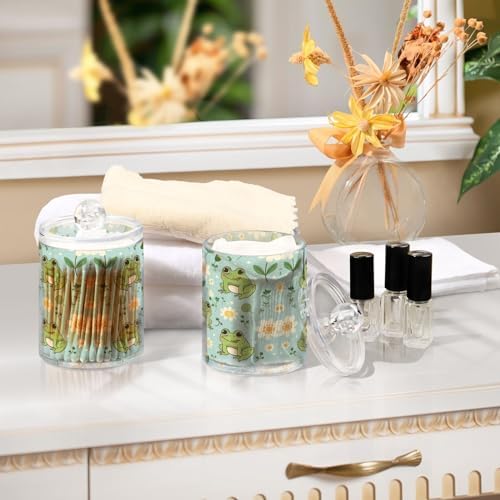Cute Kawaii Frogs Qtip Holder 2 Pack - 10 Oz Clear Plastic Apothecary Jar Set for Bathroom Organization - Versatile Canister Storage for Cotton Balls, Swabs, Rounds