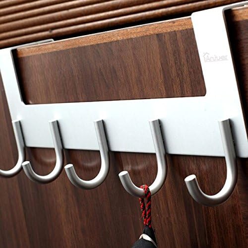 Door Hooks Hanger Rack, Aluminum Utility Organizer Towel Hooks Holder for Kithchen Bathroom, 5 Hooks Over the Door Hanger Silver