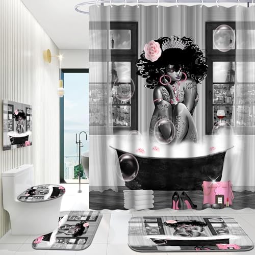 4Pcs African American Shower Curtain Sets with Rugs, Black, 71x71in