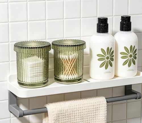 2 Pack Glass Qtip Holder Dispenser Set - Bathroom Organizer for Cotton Swabs, Balls, Pads, Floss Picks - Clear Apothecary Jars for Vanity, Makeup Storage, Bathroom Accessories Decor (Olive Green)