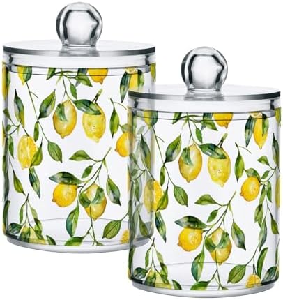 ALAZA 2pcs Watercolor Lemon Leaf Qtip Holder Dispenser 14 oz Bathroom Storage Clear Apothecary Jars Containers Cotton Ball,Cotton Rounds,Floss Picks, Hair Clips, Food