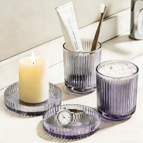 Glass Qtip Dispenser 2 Pack, Clear Bathroom Storage Organizer for Cotton Swabs, Balls, Pads & Floss Picks, Vanity Makeup Essential Accessories (Purple)