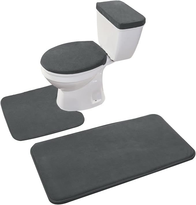 Madeals Memory Foam Bathroom Toilet Rug Set 4 Piece with Toilet Lid Cover and Tank Covers Carbon Gray