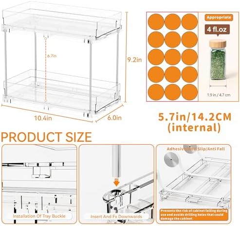 Yieach 4 Pack 2 Tier Vertical Spice Rack Pull Out,10.4'' Deep Narrow Slide Out Spice Rack Organizer for Inside Cabinets,Kitchen,Pantry,Cupboard Seasoning,Can,Jar Organizer and Medicine Cabinet Storage