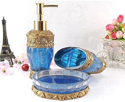 AMSS 5 Piece Stunning Bathroom Accessories Set in Crystal Like Resin Tumbler Dispenser Soap Dish Cups (Blue B)