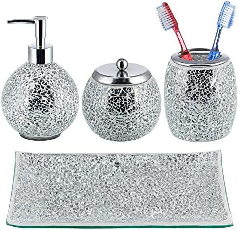 Mosaic Glass Bathroom Accessories Set, Modern Luxury Bath Ensemble, Includes Soap Dispenser & Cotton Swab Jar & Toothbrush Holder & Vanity Tray (Shiny Silver)