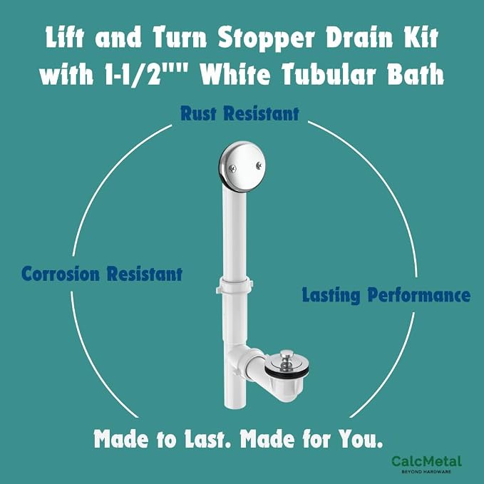 1-1/2"" White Tubular Bath Drain Kit with Lift and Turn Bath Drain Stopper, Lift and Turn Bathtub Drain Waste and Overflow with Plug and Bathtub Overflow Drain Cover, Matte Black