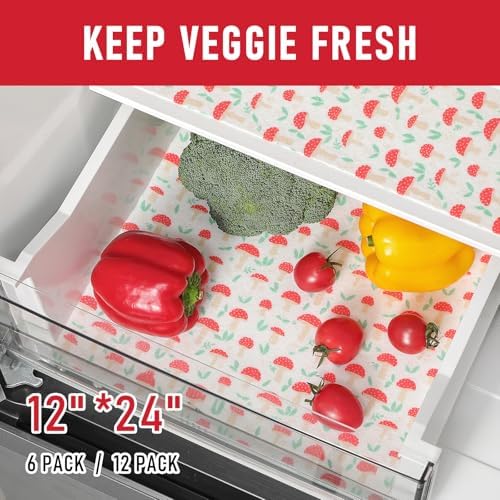 Cooyes 6 Pack Cloth Shelf Liners 12" × 24", Non-Slip Refrigerator Liners Machine Washable, Easy to Cut, Freezer Drawer Mats for Glass Shelves and Kitchen Cabinets, (Red Mushroom)