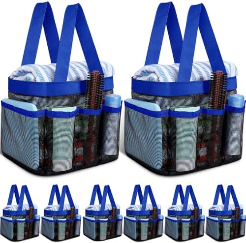 8 Packs Large Mesh Shower Caddy with 8 Pocket and Handle, Blue